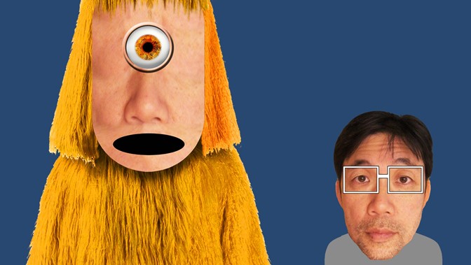 A photo collage shows a bespectacled man standing next to a yellow, furry cyclops-type figure