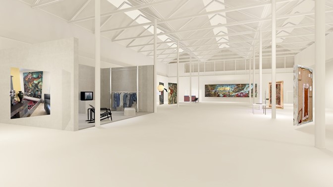 A digital rendering of a large gallery space, walls hing with art
