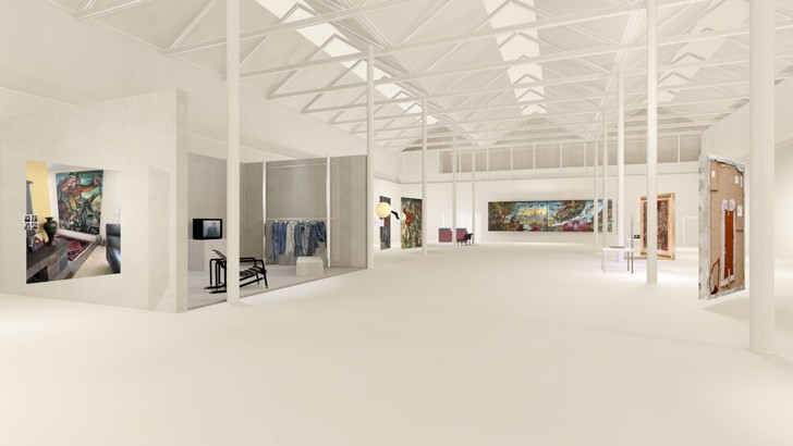 A digital rendering of a large gallery space, walls hing with art