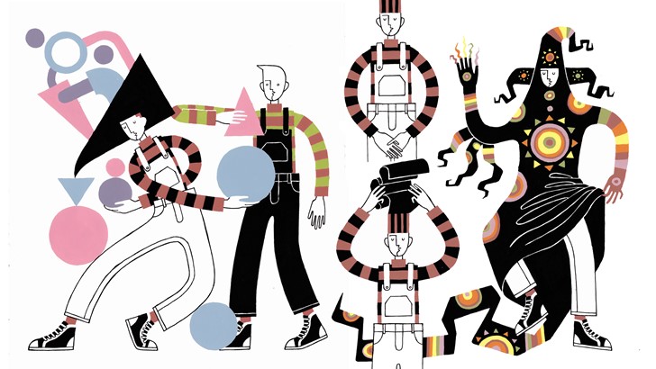 A group of illustrated characters, some in theatrical costume, surrounded by shapes