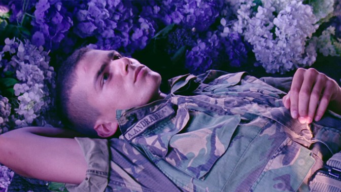A figure dressed in a soldier's uniform lies amidst flowers, looking up