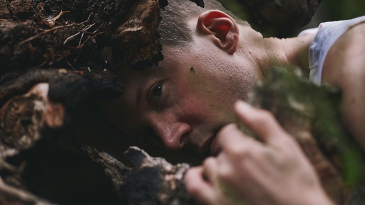 A performer is pictured close up, looking sideways from the forest floor