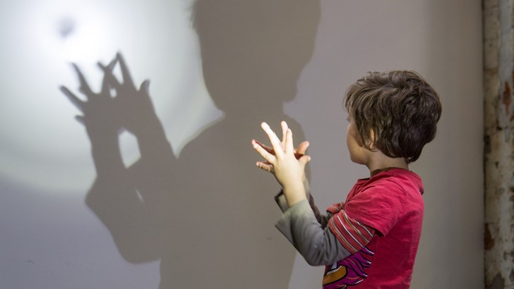 Young boy making shadow puppets