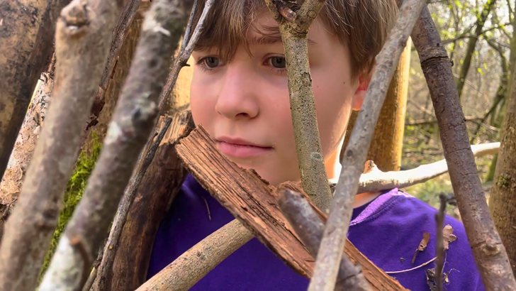 A young boy peers through branches 