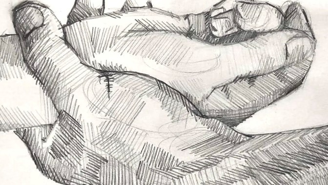 A pencil sketch of one hand clasping another