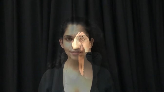 Two portraits of performer Himadri Madan, one with head in hands, are overlaid