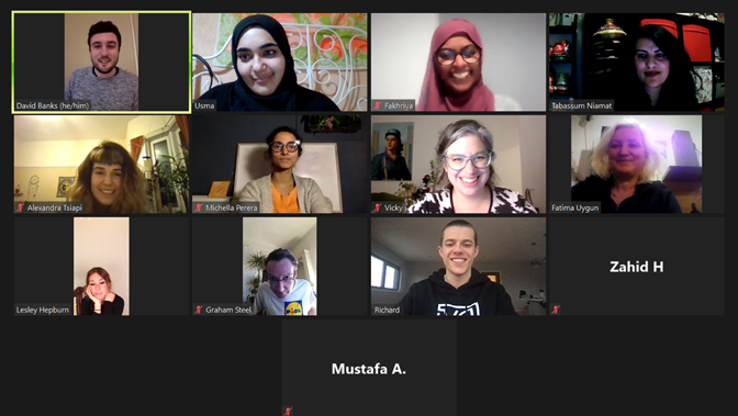 A number of people appear on split screen for a video call