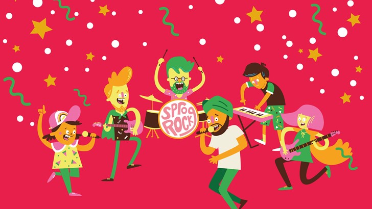 Six illustrated characters play musical instruments in front of a festive red backdrop